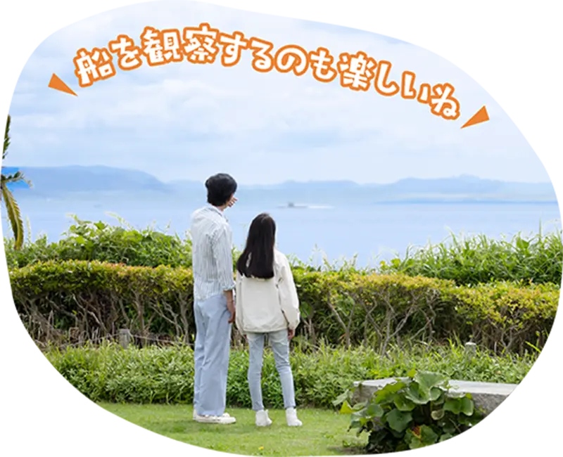 芝生広場から海を眺める親子の後ろ姿